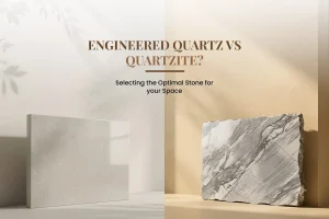 Polished engineered quartz slab beside a rough-edged natural quartzite slab with bold grey veining