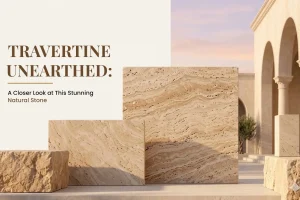 Beige travertine slabs and a rough-cut block with wavy banding and natural pores, beside an arched stone courtyard
