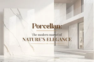 Large-format white porcelain slabs with marble-look veining cladding the walls and floors of a modern building