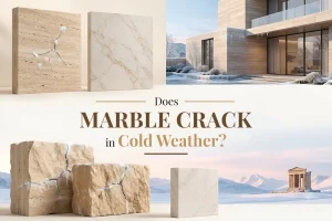 Frost-damaged stone blocks with ice-filled cracks beside intact marble slabs, a stone-clad house and a temple in snow