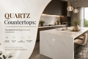 Modern kitchen with white quartz countertops, a waterfall island, brass faucet, dark wood cabinets and glass pendant lights