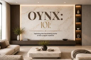 Backlit white onyx feature wall with gold veining and a matching onyx coffee table in a warm, modern living room