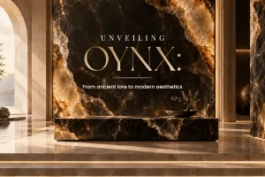 Backlit dark brown onyx wall and matching bench with glowing amber and gold veins in a luxury interior
