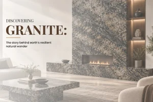 Speckled black and gold granite fireplace wall with a matching hearth and coffee table in a bright, modern living room