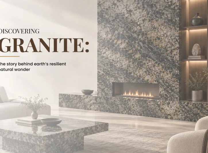 Speckled black and gold granite fireplace wall with a matching hearth and coffee table in a bright, modern living room