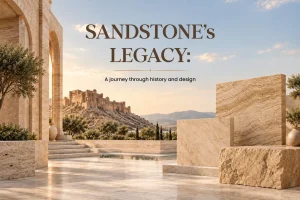 Beige sandstone slabs and arched sandstone architecture on a sunlit terrace, with a historic hilltop fort in the distance
