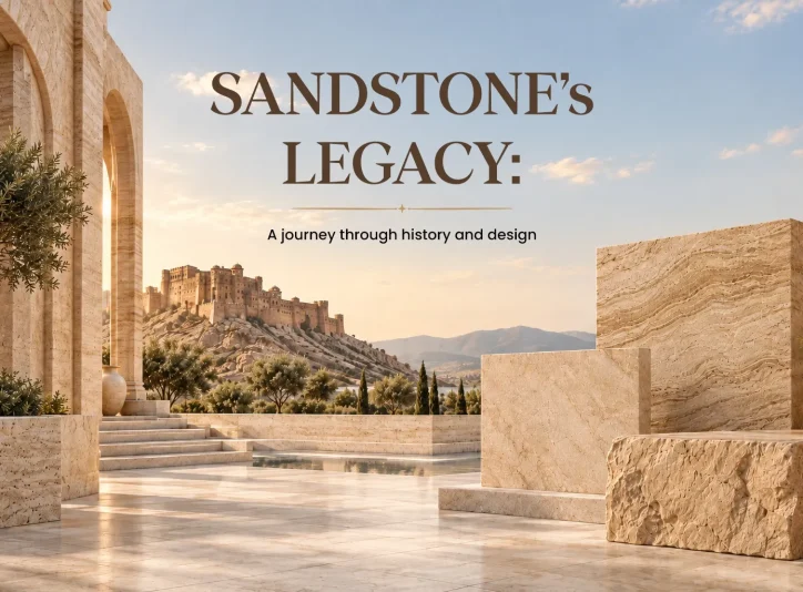 Beige sandstone slabs and arched sandstone architecture on a sunlit terrace, with a historic hilltop fort in the distance