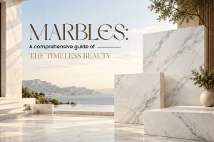 Grey-veined white marble slabs and polished marble flooring on a sunlit terrace overlooking an infinity pool and the sea