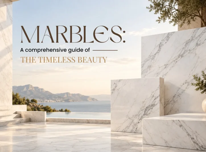 Grey-veined white marble slabs and polished marble flooring on a sunlit terrace overlooking an infinity pool and the sea