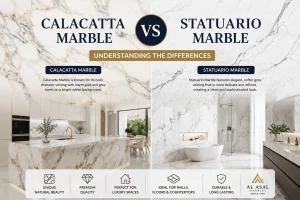 Calacatta vs Statuario Marble comparison showing differences in veining, appearance, and luxury interior applications.