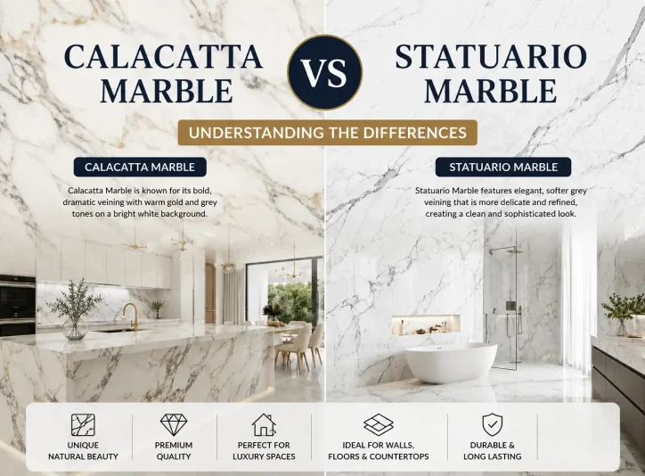 Calacatta vs Statuario Marble comparison showing differences in veining, appearance, and luxury interior applications.