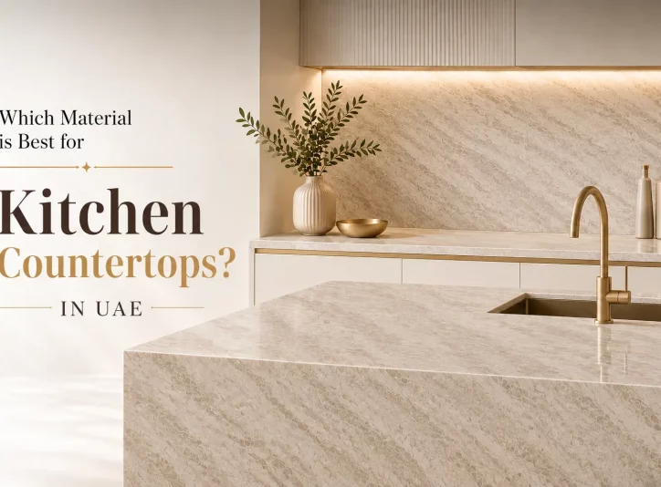 Best material for kitchen countertops in UAE featuring quartz, granite, marble and porcelain surfaces