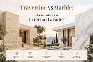 Travertine vs marble comparison for external facade using natural stone cladding.