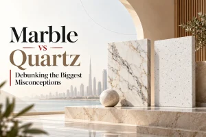 Marble vs Quartz comparison featuring natural marble and quartz stone slabs, highlighting common misconceptions about both materials.